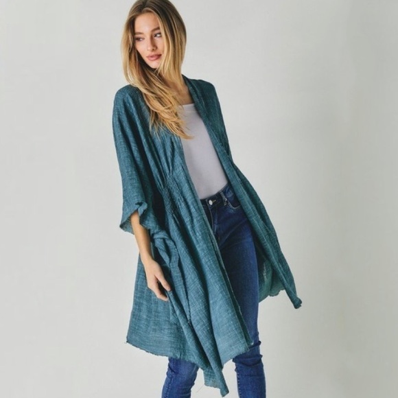 Davi & Dani | Gauzy Smocked Kimono Cardigan - Moss Green - Picture 3 of 5